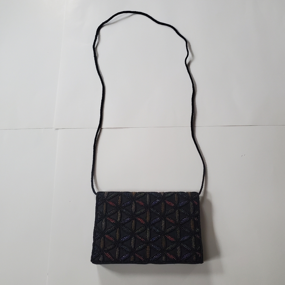 Beaded Geometric Pattern Dressy Purse Evening Bag Black and Jewel Tones. - Picture 2 of 10